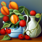 Colorful Still Life Painting: Oranges, Pomegranates, Flower in White Vase