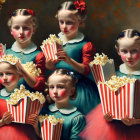 Five girls in vintage dresses with popcorn boxes in serene, surreal painted portrait.