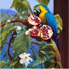 Colorful macaws on branch with lush foliage and flowers against blue sky