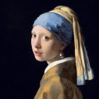 Modern interpretation of classic painting with blue headscarf and pink lollipop