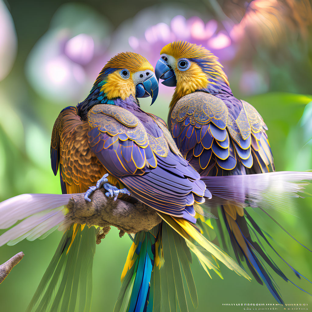 Vibrant macaws perched together among soft pink flowers