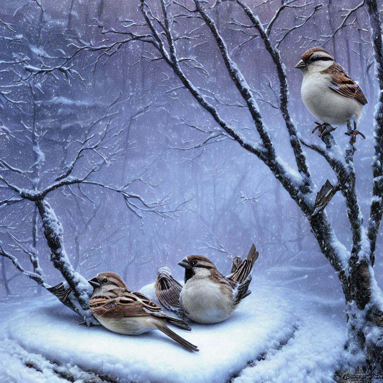Winter forest scene with three sparrows on snowy branches