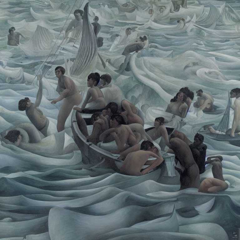 Monochromatic painting of figures with oars in wavy water and people merged with sea