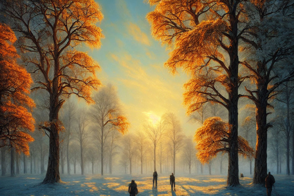 Winter Park Scene: Golden Trees, Snow, and People Walking