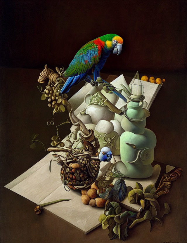 Colorful Parrot on Still Life with Books, Vase, Fruit, and Small Bird