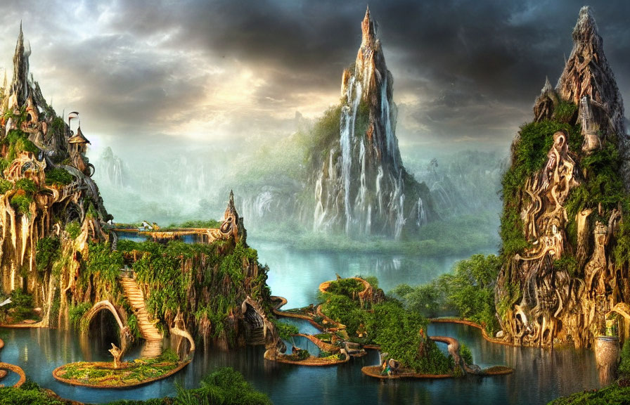 Majestic rock formations, waterfalls, pathways, and a serene lake in a fantastical landscape