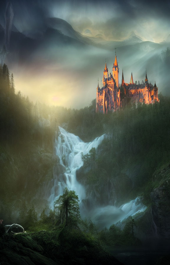 Mystical forest castle on cliff with waterfalls at sunset
