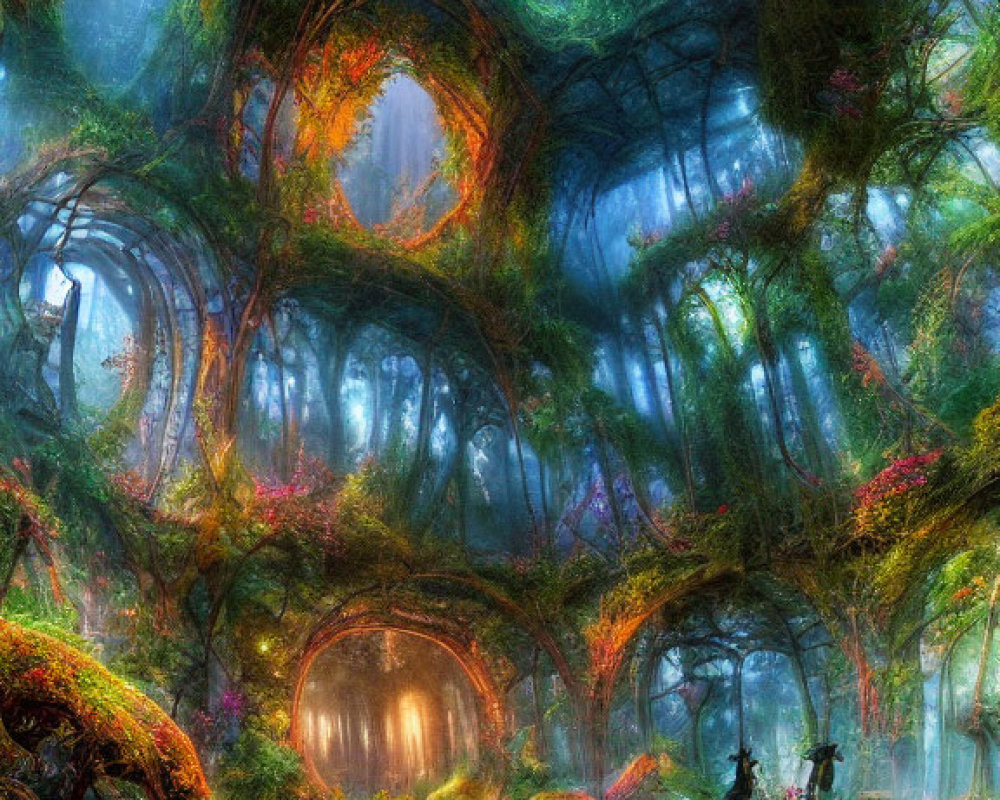 Enchanting forest with twisted trees, vibrant flora, glowing pathway, and mystical creatures