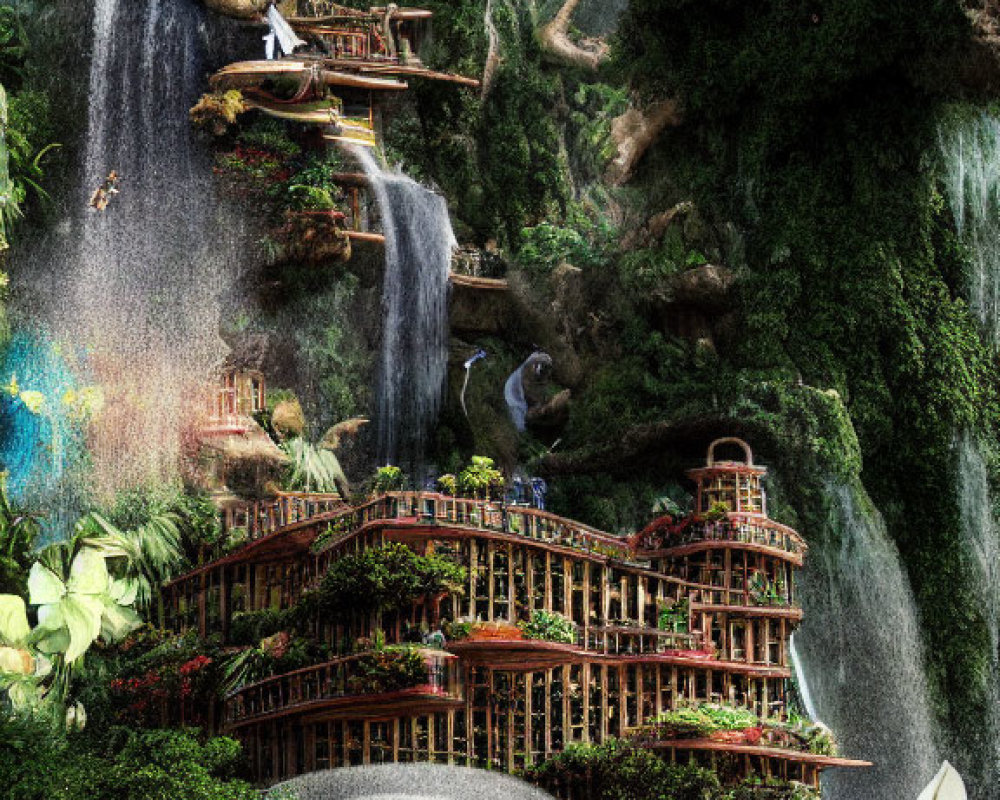 Mystical multi-tiered waterfall with intertwined buildings and colorful flora