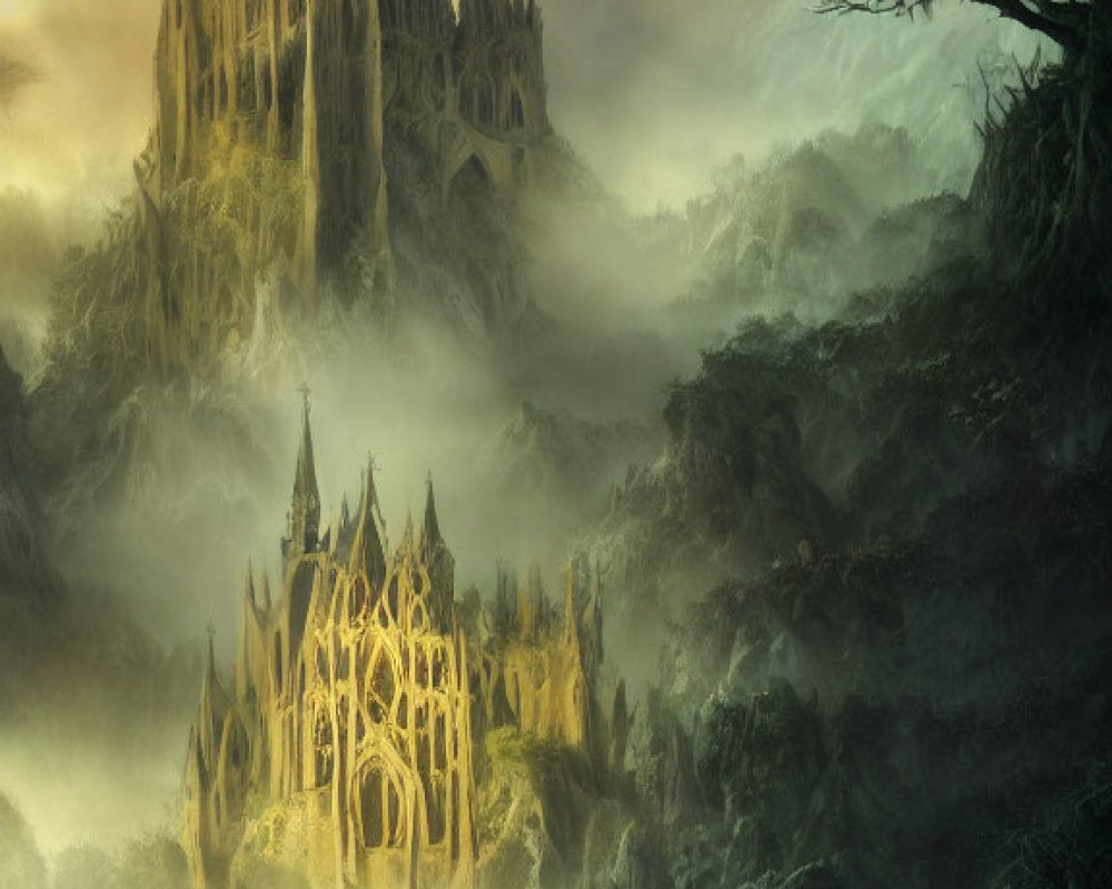 Ethereal gothic cathedral spires in misty forest landscape
