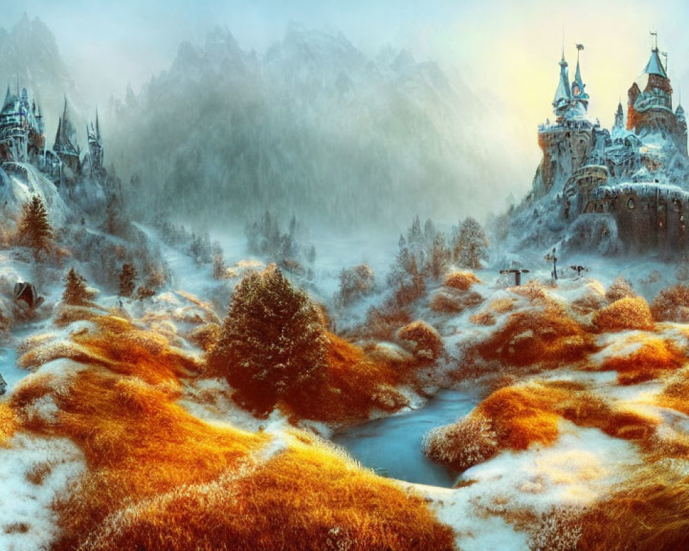 Snowy peaks and mystical castle in enchanting winter landscape