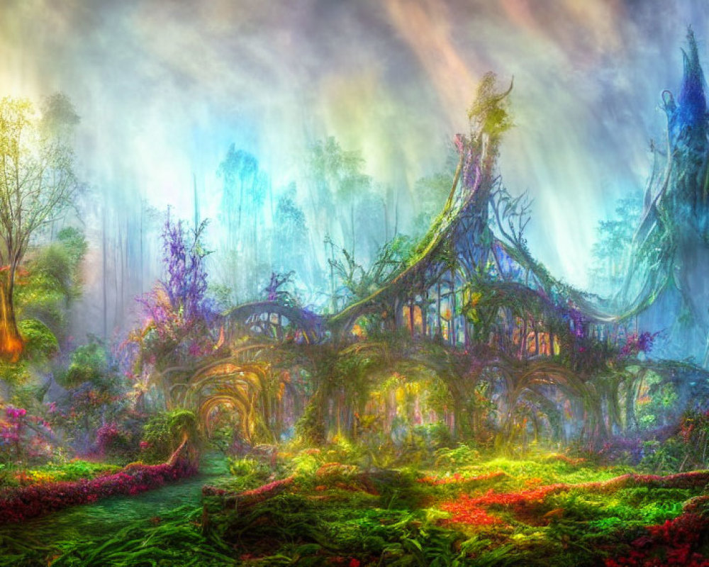Vibrant forest with colorful plants and mystical structures