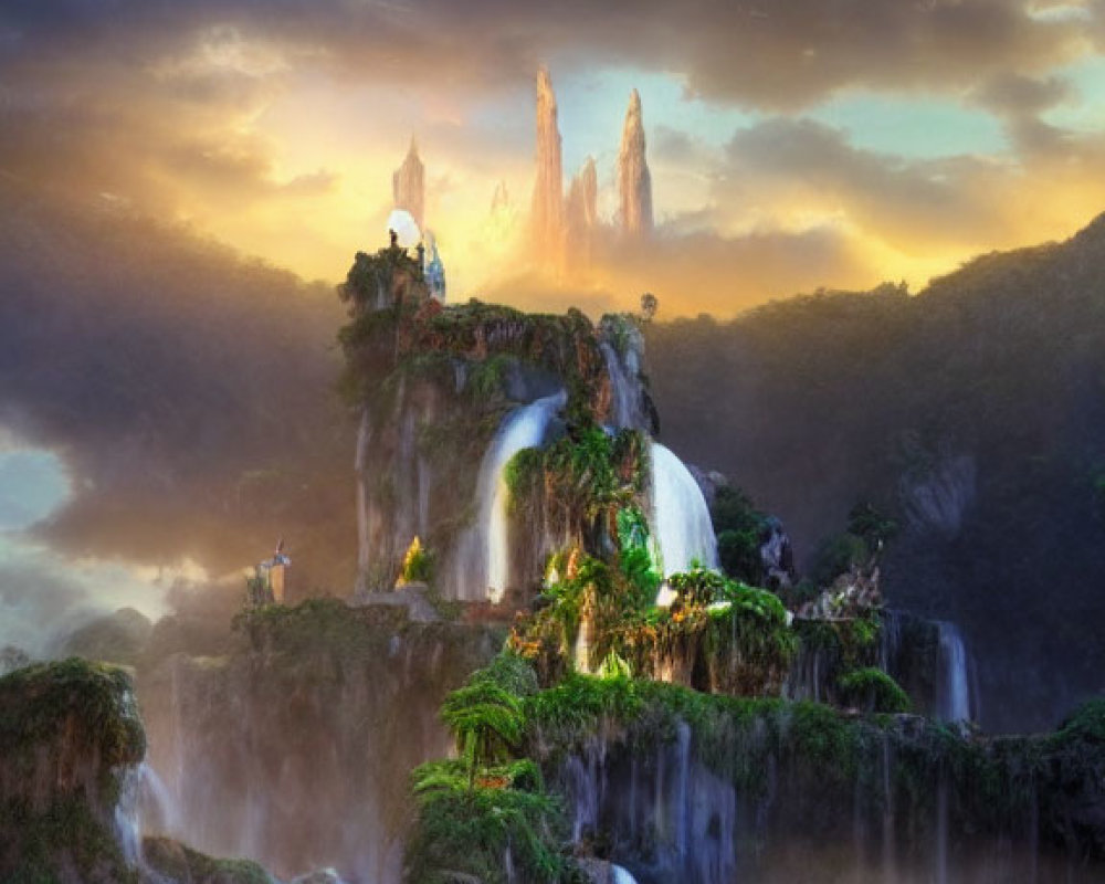 Enchanting waterfalls, greenery, mountain backdrop, twilight sky architecture