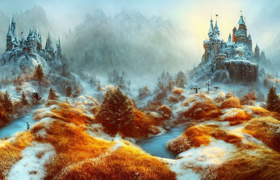Snowy peaks and mystical castle in enchanting winter landscape