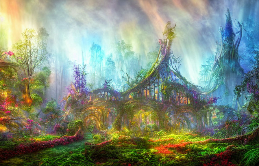 Vibrant forest with colorful plants and mystical structures