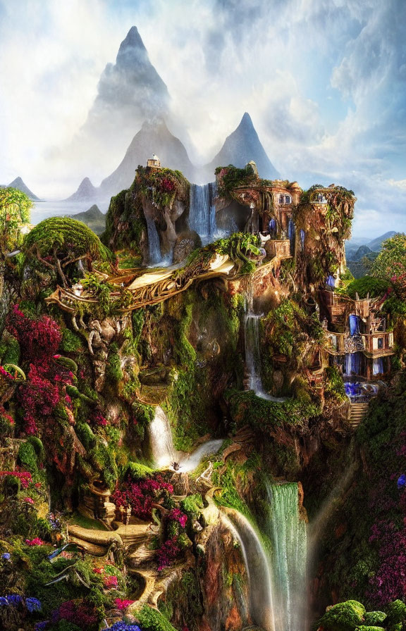 Fantastical Landscape with Vibrant Flora and Waterfalls