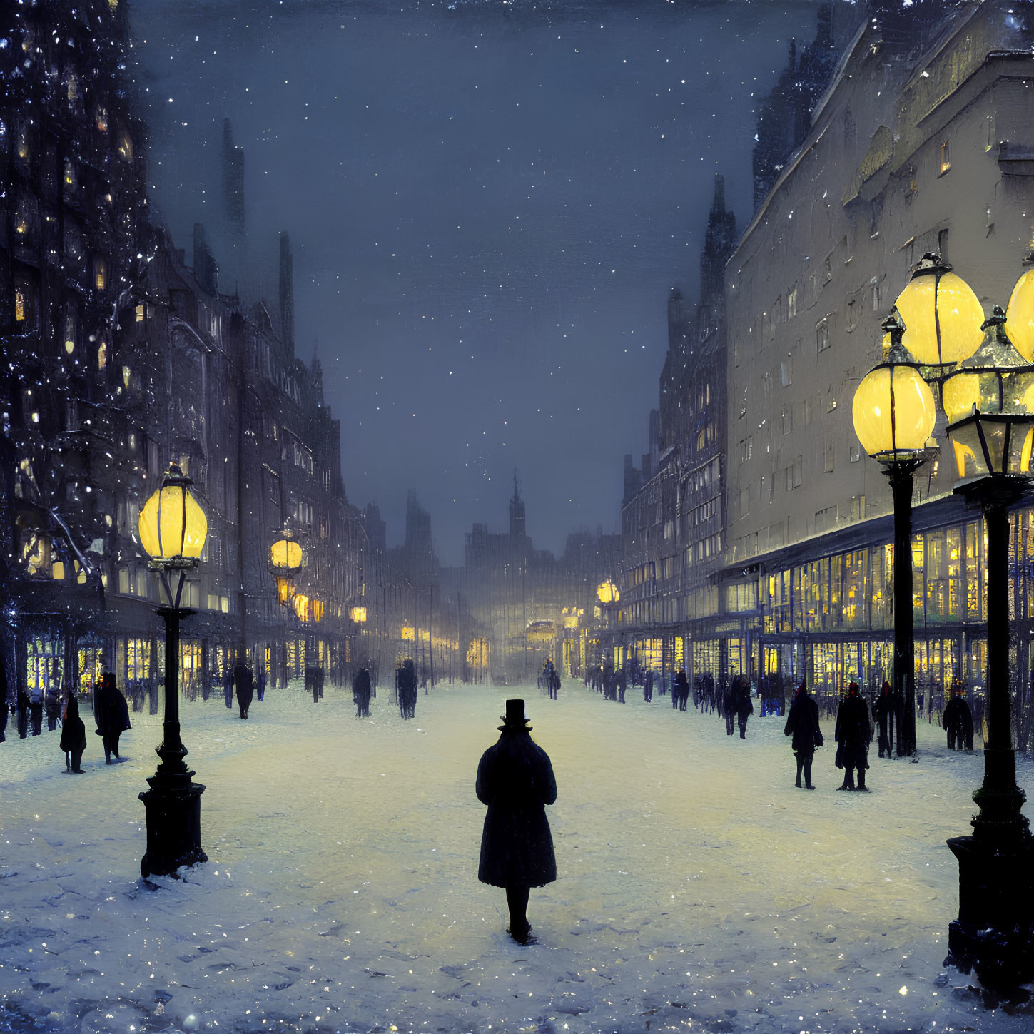 Historic city street on snowy evening with people walking under street lamps