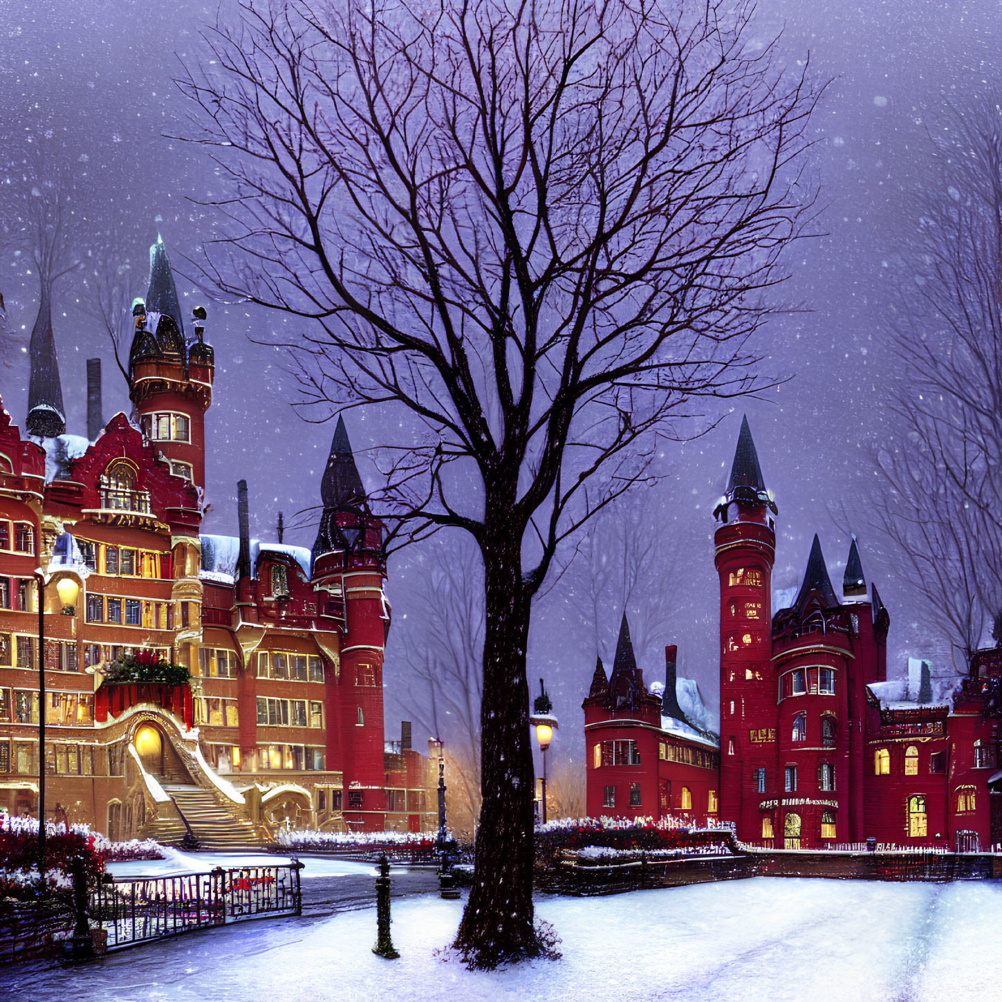 Snowy evening castle with illuminated fairytale vibes