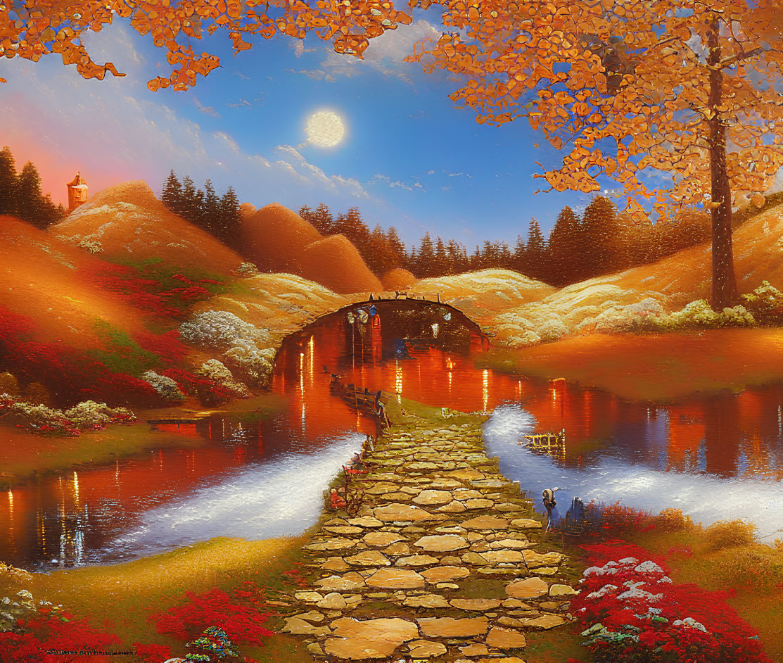 Vivid autumnal riverscape with stone bridge and colorful trees