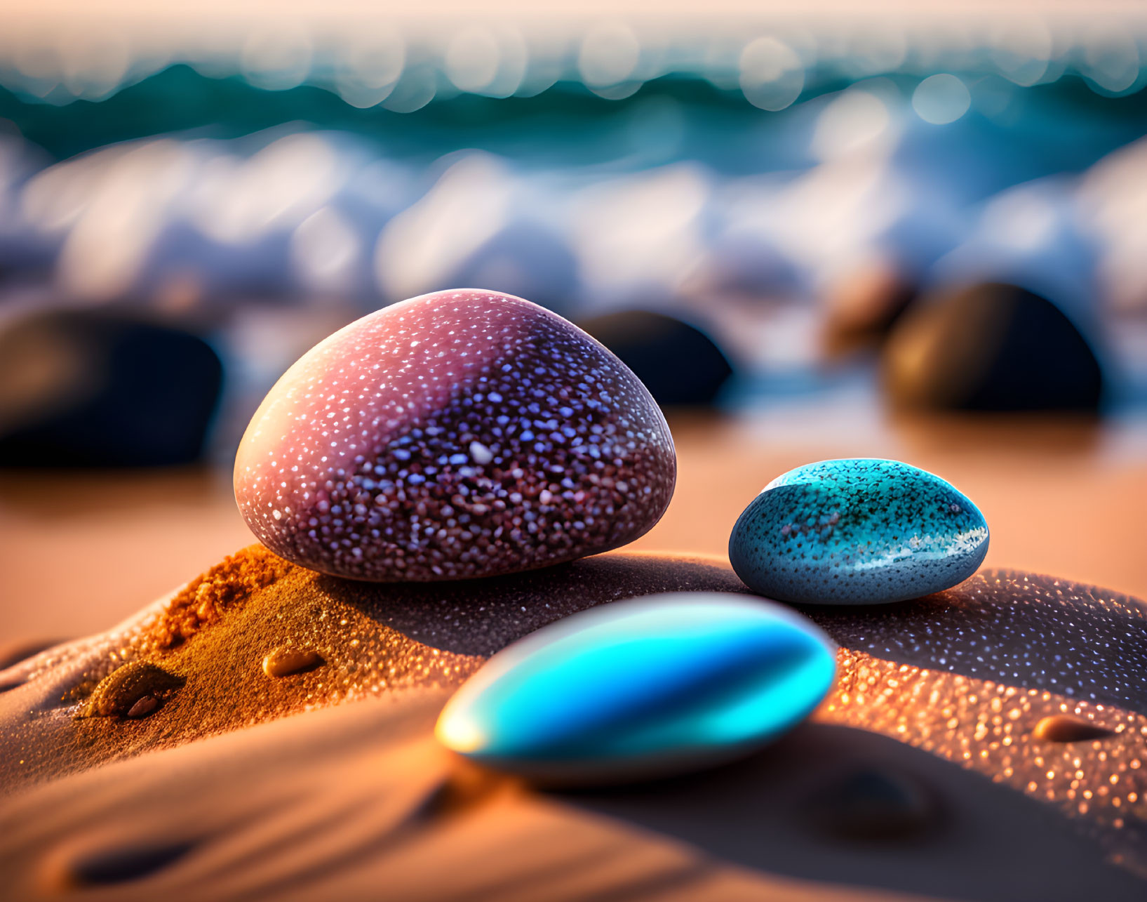 Vibrant speckled stones on sandy beach at sunrise