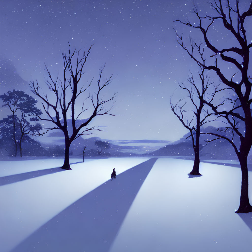 Snowy Night Landscape with Bare Trees, Figure, and Starry Sky