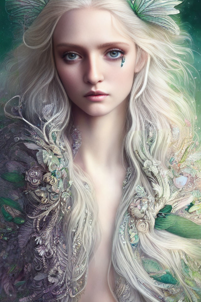 Digital portrait of a woman with pale skin and flowing hair in ethereal attire adorned with flowers and leaves