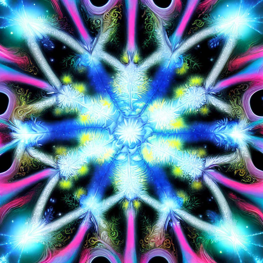 Symmetric kaleidoscopic image with neon colors and star-like patterns
