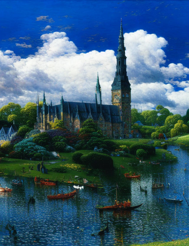 Gothic-style building by lake under blue sky with boats