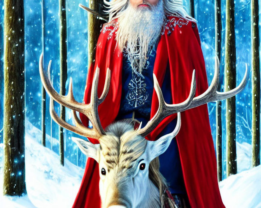 Bearded figure in red cloak with stag in snowy forest - mystical aura