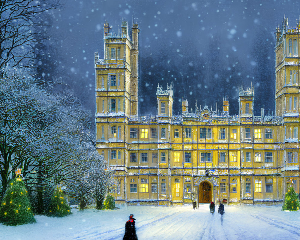 Snowy Evening Scene: People Approaching Grand Illuminated Building