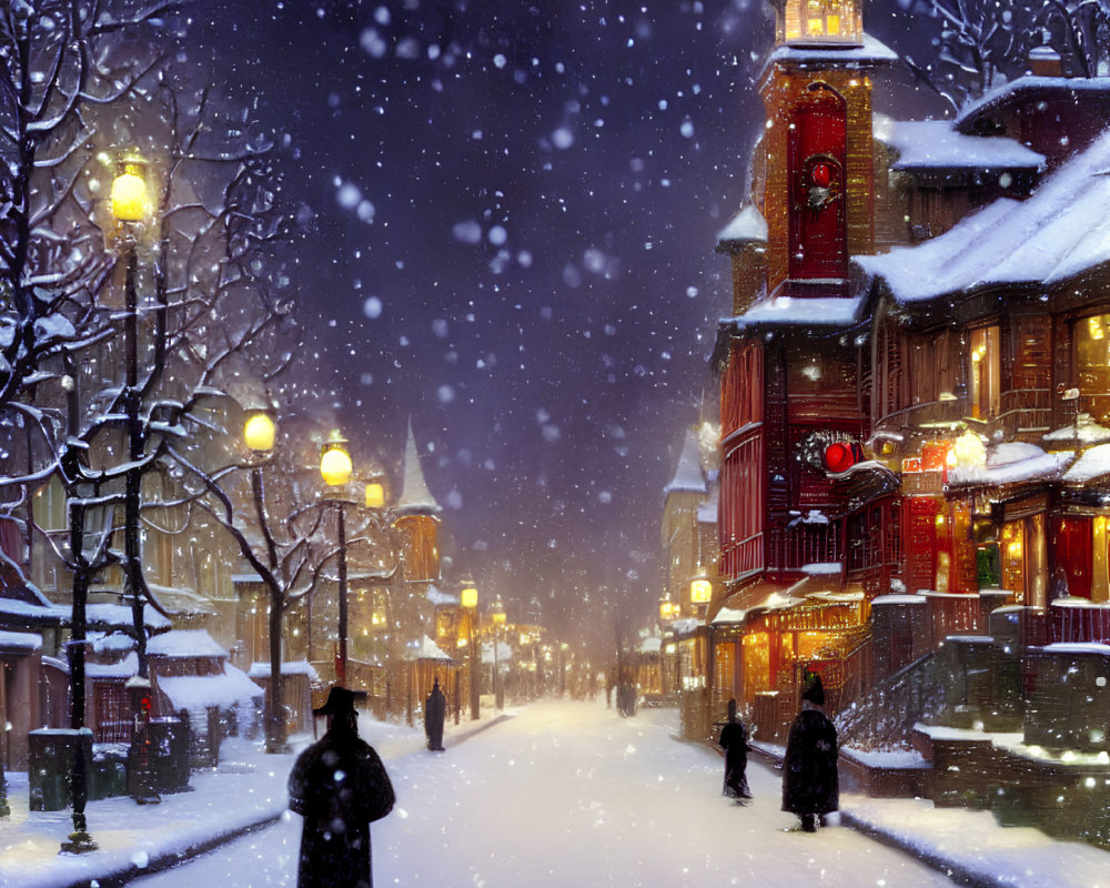 Snowy Evening Scene: Charming Town with Snowfall and Red Clock Tower