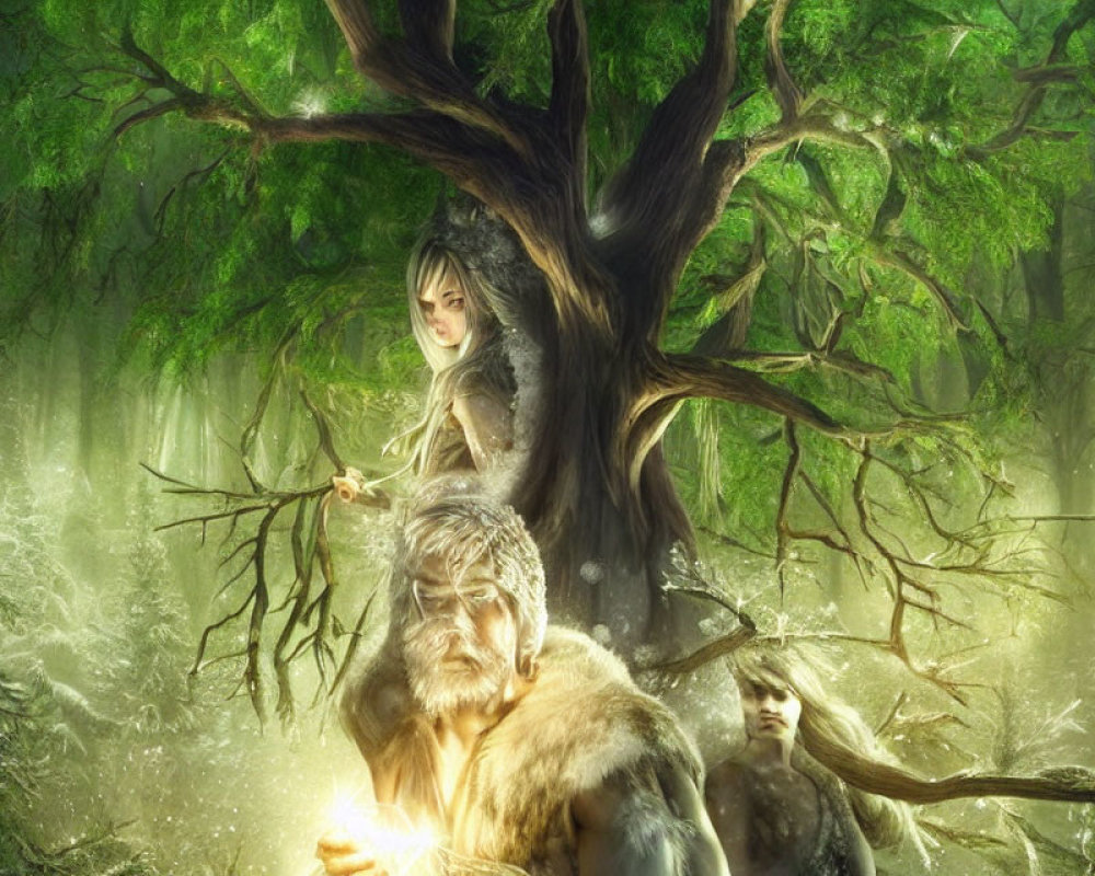 Enchanting forest scene with mystical beings and glowing tree