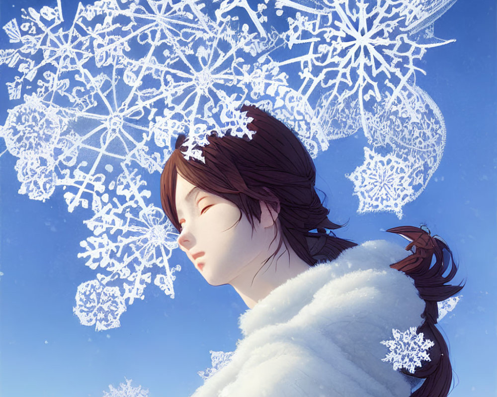 Profile of Person with Dark Hair in White Coat Against Blue Sky with Oversized Snowflakes