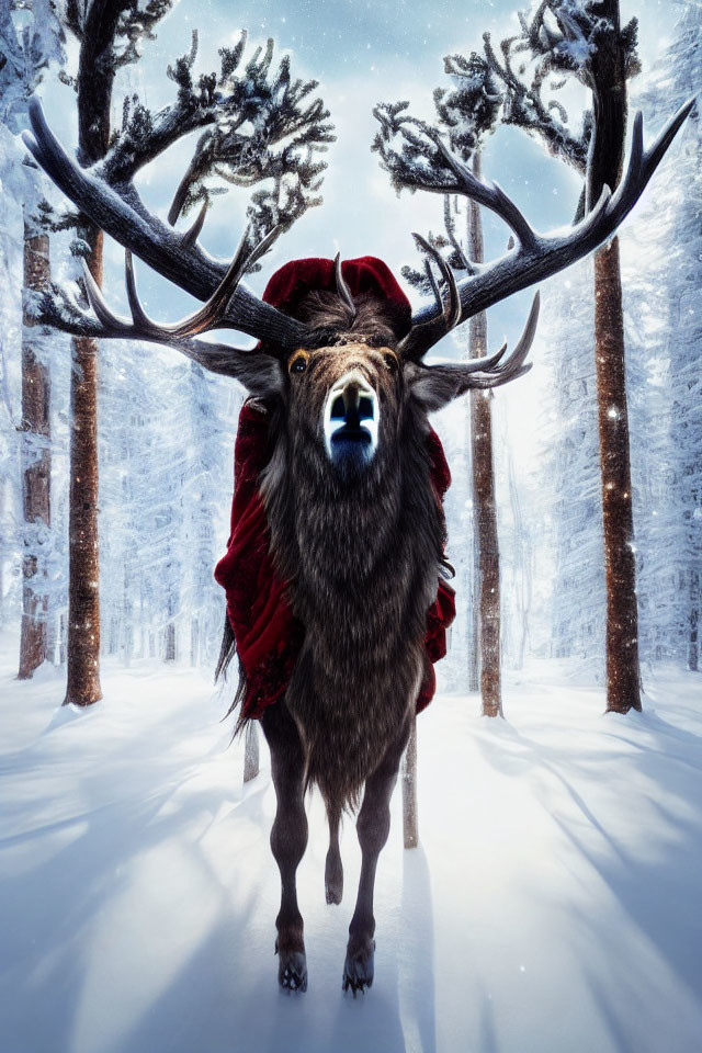 Majestic stag with large antlers in snowy forest scene