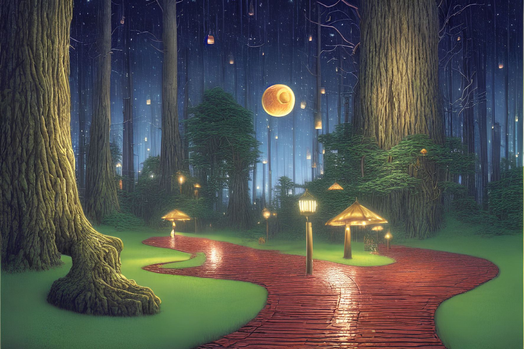 Enchanting night forest with glowing mushrooms, red brick path, streetlamp, large moon, and