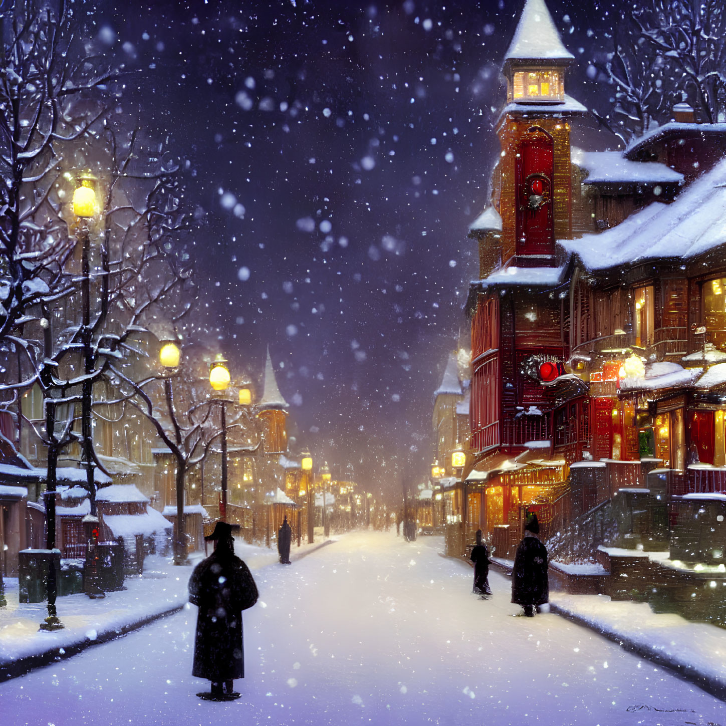Snowy Evening Scene: Charming Town with Snowfall and Red Clock Tower