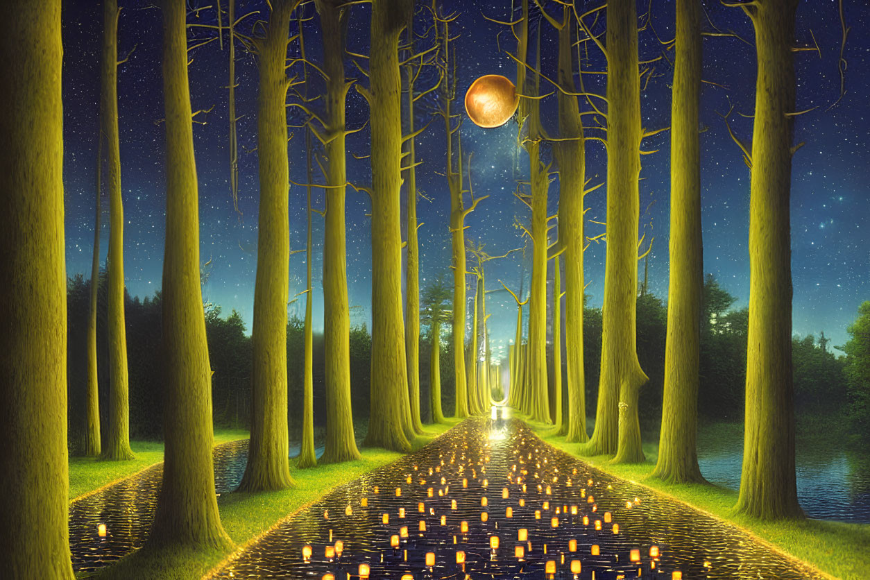 Enchanted forest pathway with tall trees, glowing candles, starry sky, and luminous moon