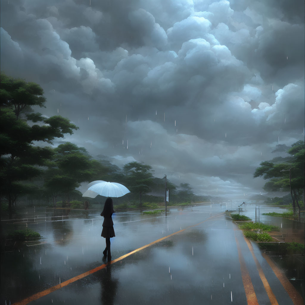 Person under umbrella in heavy rain on wet road with stormy clouds and lush trees