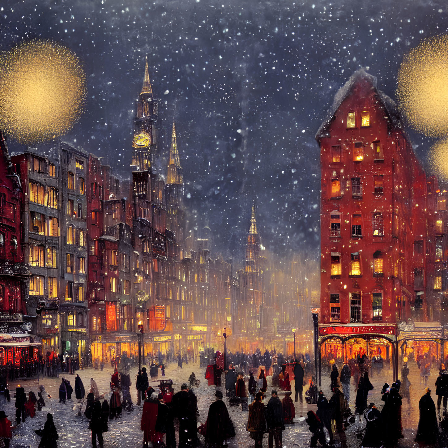 Urban winter night: busy street with falling snow and glowing buildings