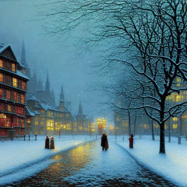 Snowy evening scene with people near illuminated old buildings, bare trees, and cobblestone path.