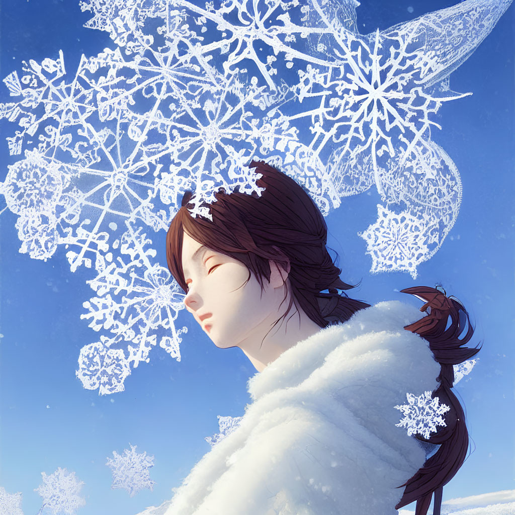 Profile of Person with Dark Hair in White Coat Against Blue Sky with Oversized Snowflakes