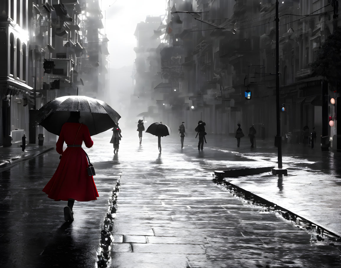Person in Red Dress with Umbrella Walking on Rainy Street