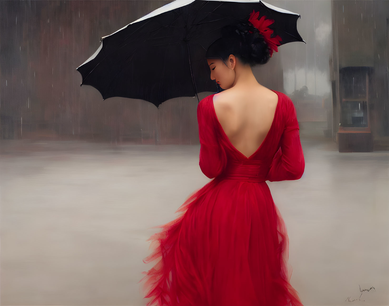 Woman in Red Dress with Black Umbrella in Rainy Scene