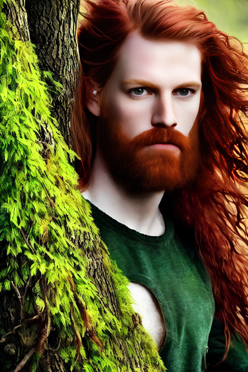 Man with Long Red Hair and Beard Leaning Against Tree in Green Shirt