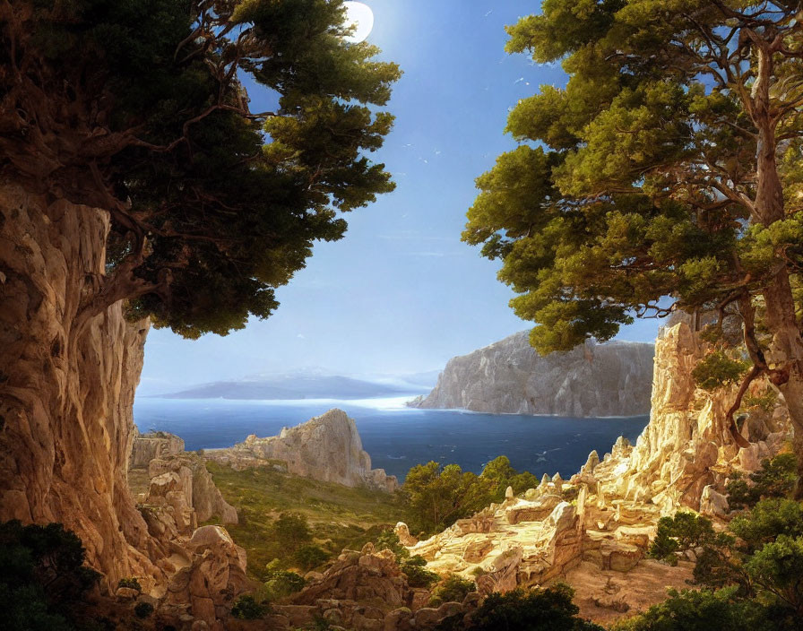 Tranquil landscape with tall trees, rocky cliffs, ocean view, and moon in blue sky