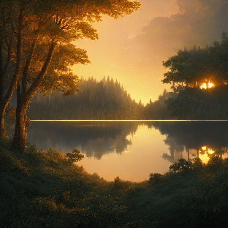 Sunrise over tranquil lake with sun reflection, forested hills, golden light, and clear sky