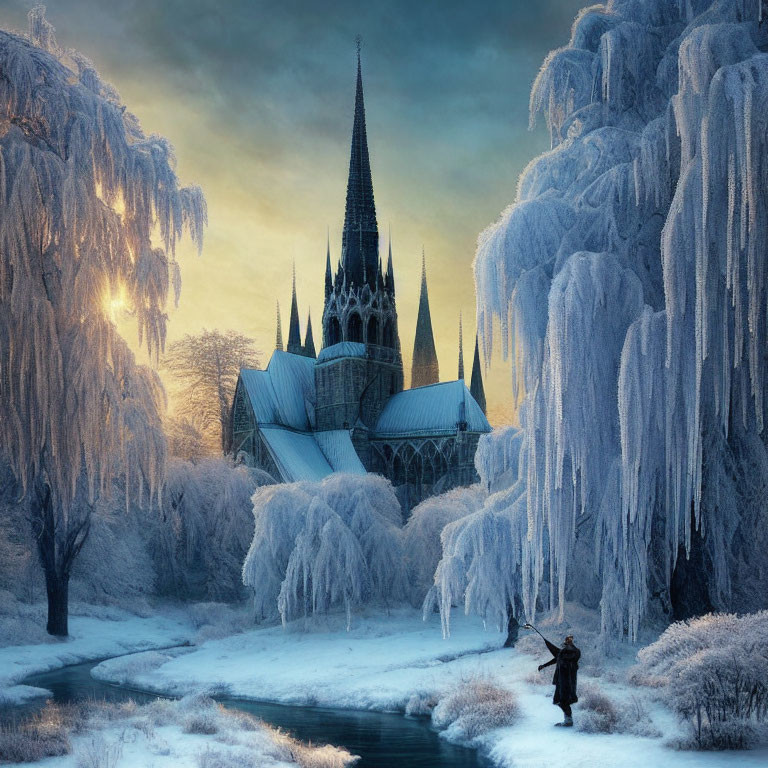 Person admires gothic cathedral by frozen river in frosty landscape