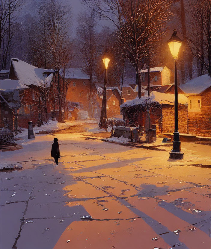 Snow-covered street at dusk with solitary figure and warm streetlights