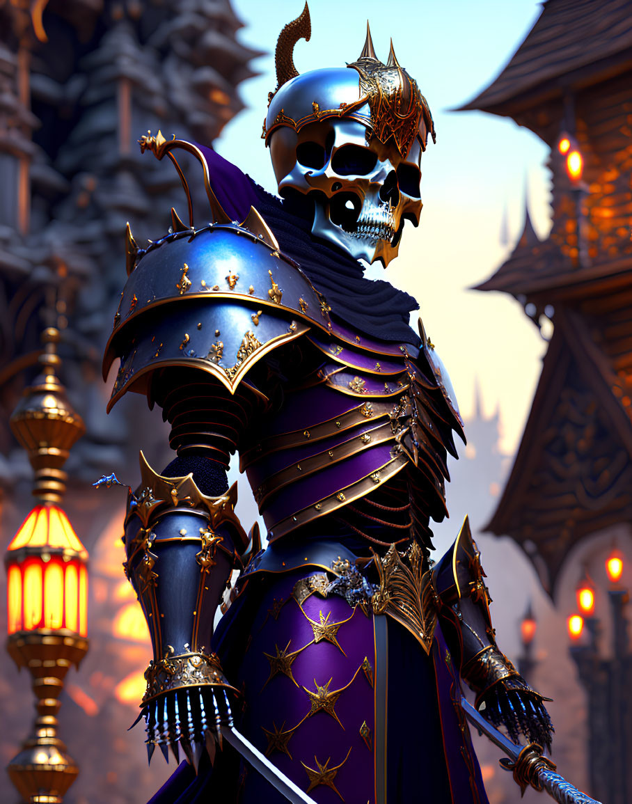 Armored skeletal warrior illustration with ornate decorations in fantasy setting