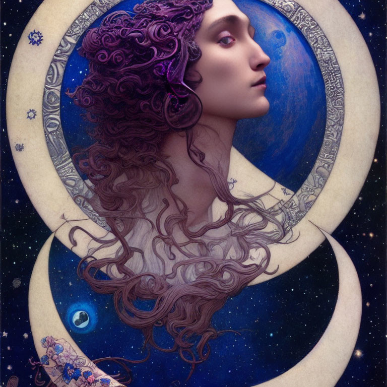 Surreal portrait of woman with purple hair in cosmic setting
